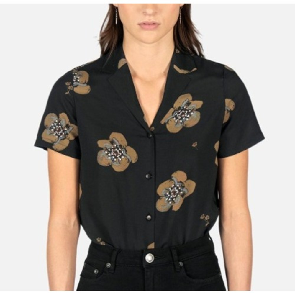 Black Floral Button-Down Shirt - Women's Short Sleeve